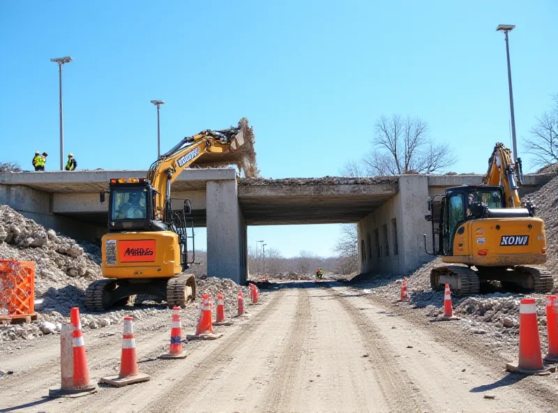 Construction workers demolishing a bridge with heavy machinery, surrounded by traffic cones and warning signs.