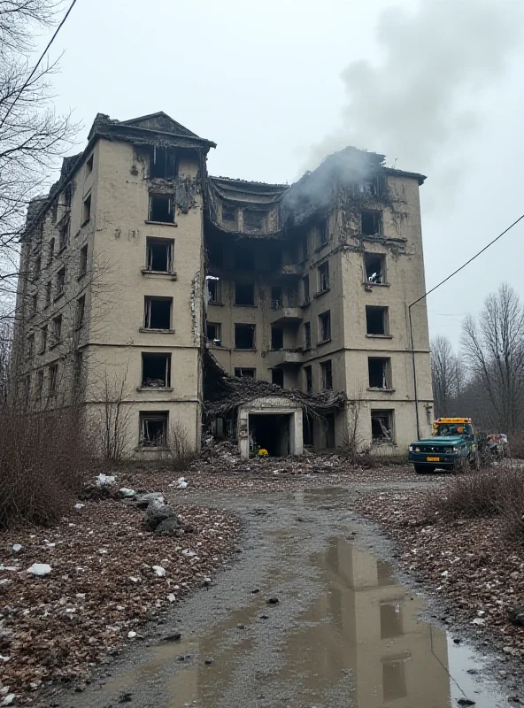 A bombed out hotel in Kryvyi Rih, Ukraine, with emergency services attending to the scene.