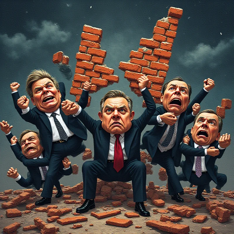 Illustration depicting political figures struggling to hold up a crumbling structure, symbolizing a failing coalition.