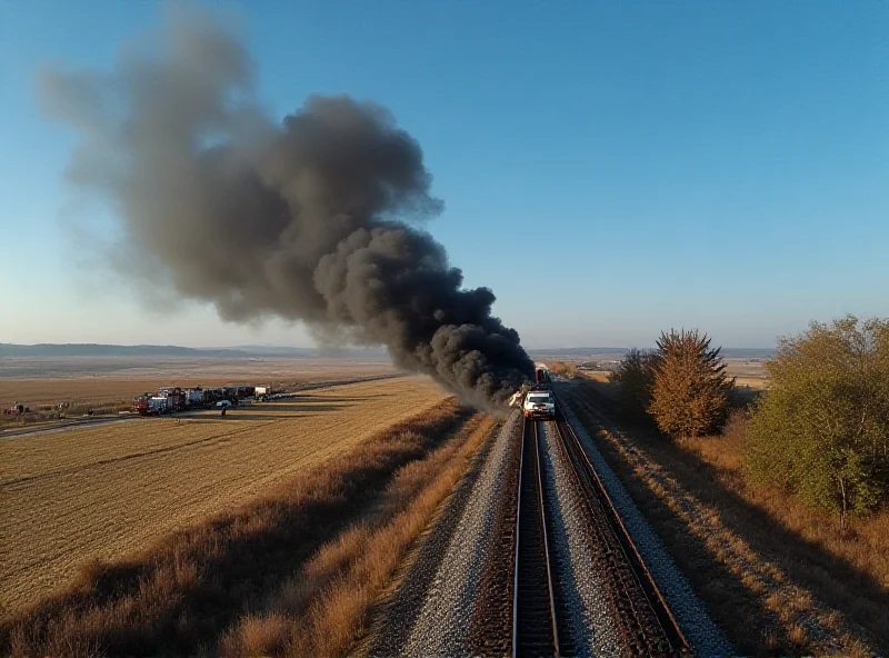 A plume of black smoke rising from a train derailment in a rural area.