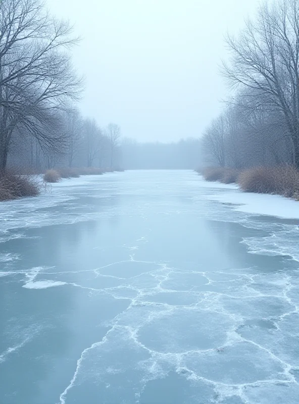 A frozen pond or lake with a thin layer of ice, with trees and snow in the background.