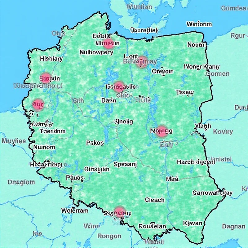 A weather map of Poland showing storm clouds and rain.