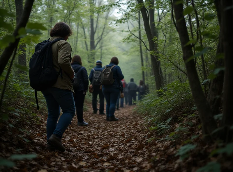 Image of a search party looking for a missing woman in a forest.