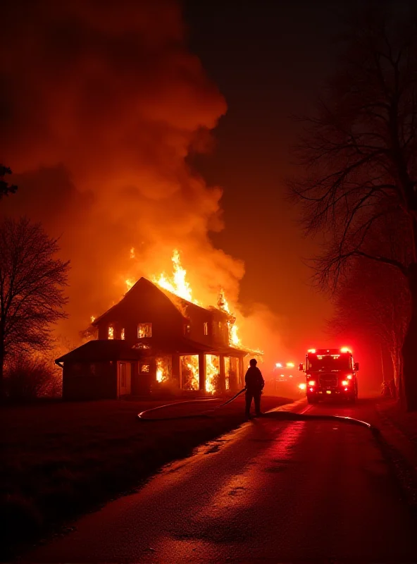 Image of a house engulfed in flames at night.