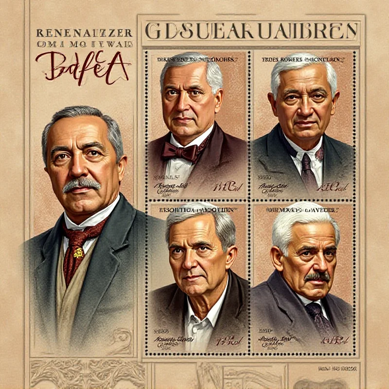 Image of a commemorative stamp featuring portraits of four historical figures.