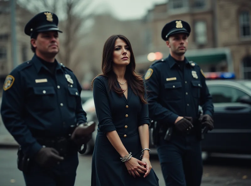 Distressed woman in handcuffs being escorted by police officers.