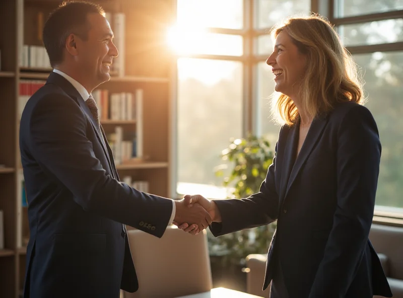 A lawyer shaking hands with a client in a modern office setting, sunlight streaming through the window.