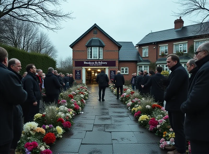 Mourners laying flowers at the entrance of a rugby club. The scene is somber and respectful.