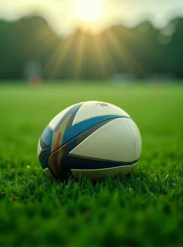 A rugby ball lying on the grass of a sports field. The background is slightly blurred, focusing on the ball. 