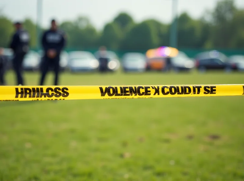 Police tape cordoning off a sports field. The scene is serious and indicates an ongoing investigation.