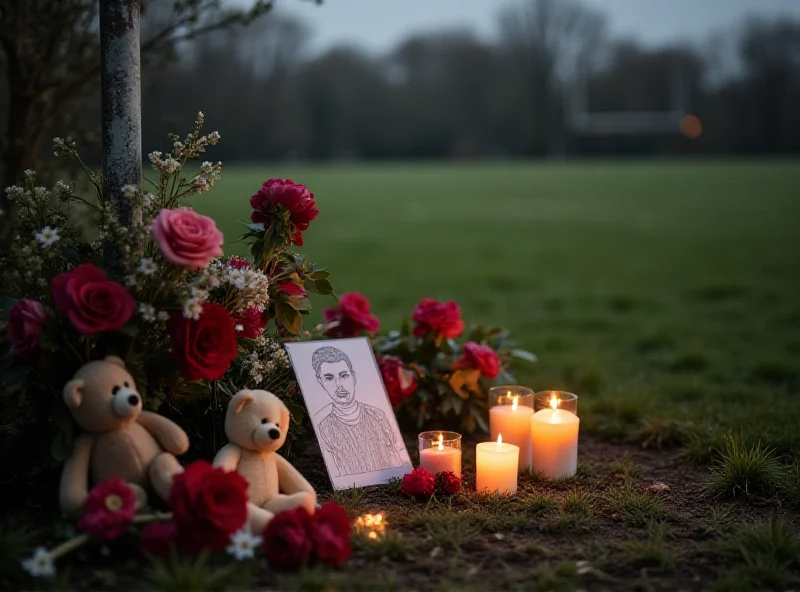 Mourners laying flowers at a makeshift memorial near a rugby pitch