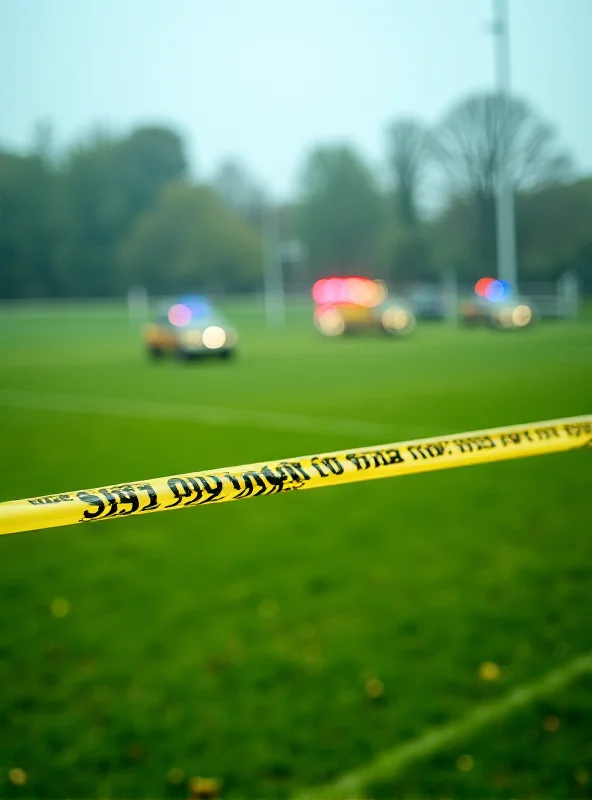 Police tape surrounding a rugby pitch, with emergency vehicles in the background.