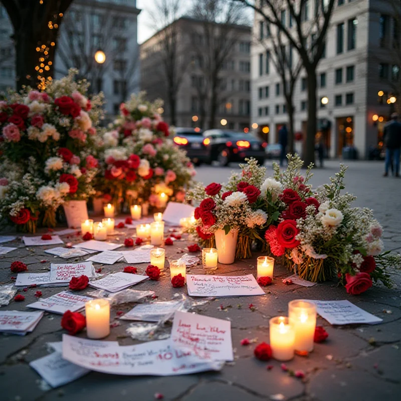 A memorial with flowers and candles in a public square.