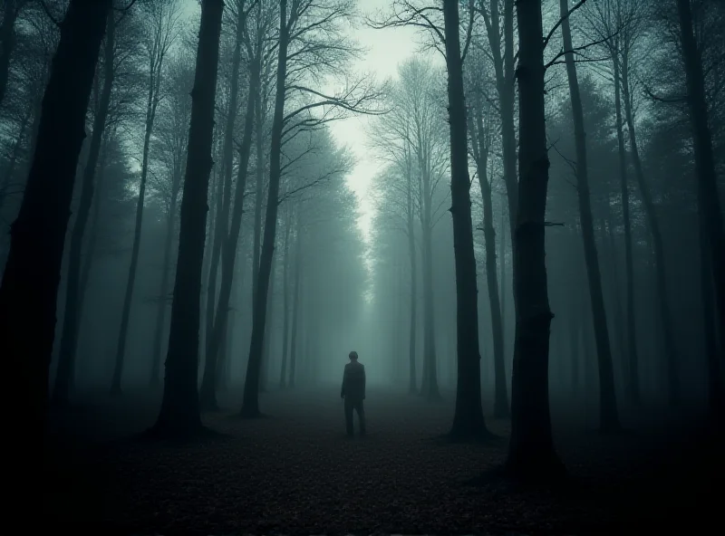 A somber scene in a Polish forest, hinting at loss and sorrow.