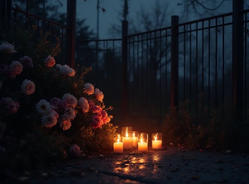 A somber scene depicting a memorial with flowers and candles near a metal fence at dusk. The scene should evoke a sense of loss and remembrance.