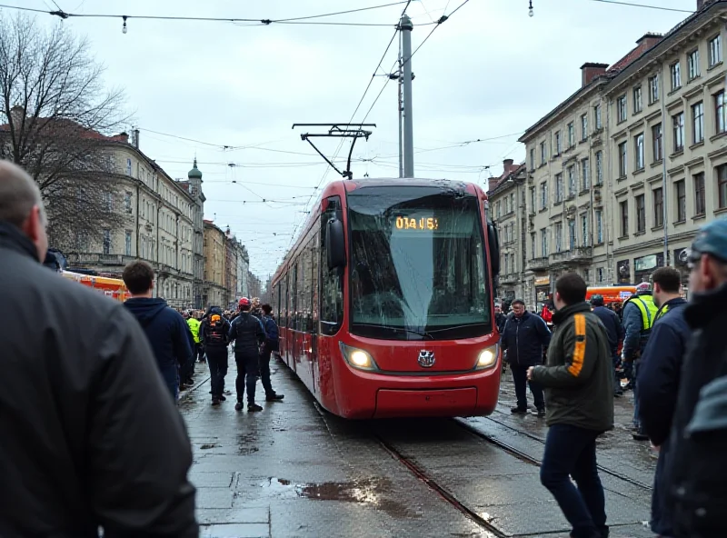 Damaged tram on Dominikański Square in Wrocław after a collision.