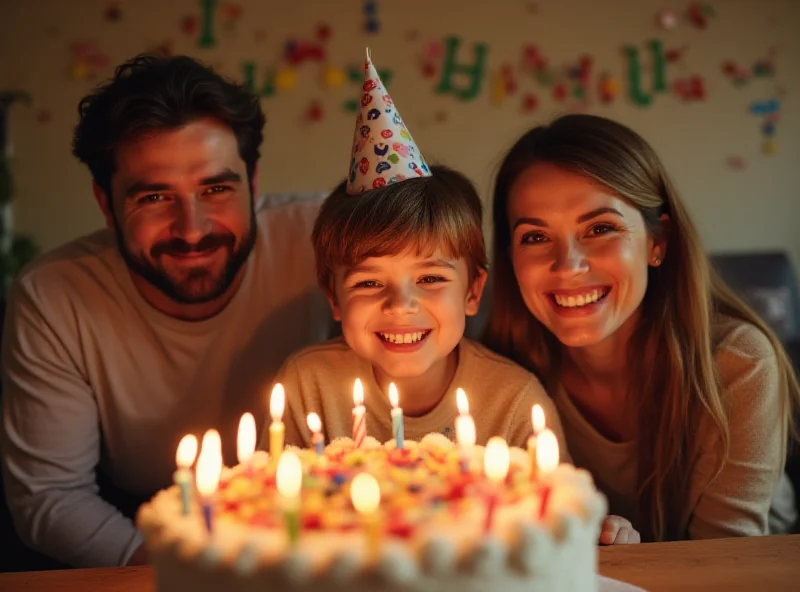 A family gathered around a birthday cake, smiling.