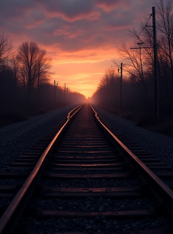 Railway tracks at dusk with warning signs visible.