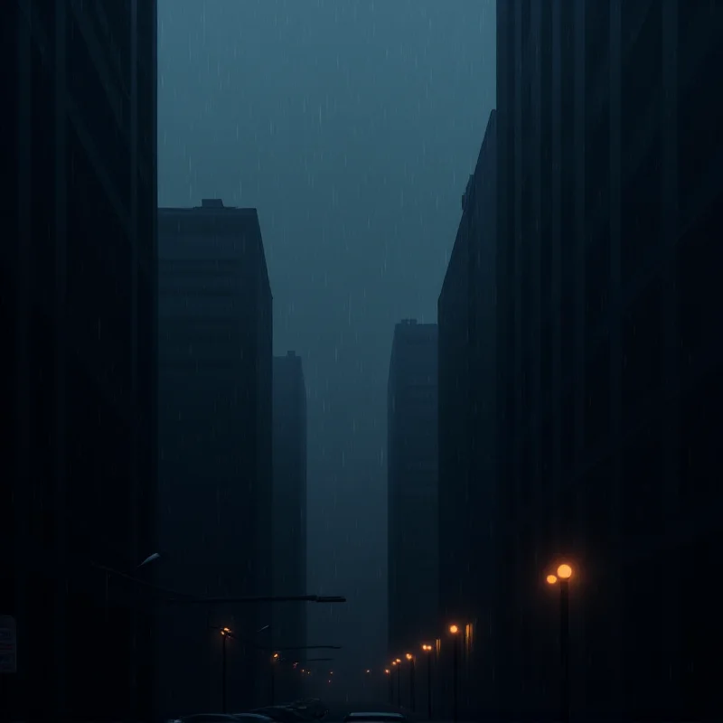A somber cityscape at twilight, symbolizing grief and reflection.