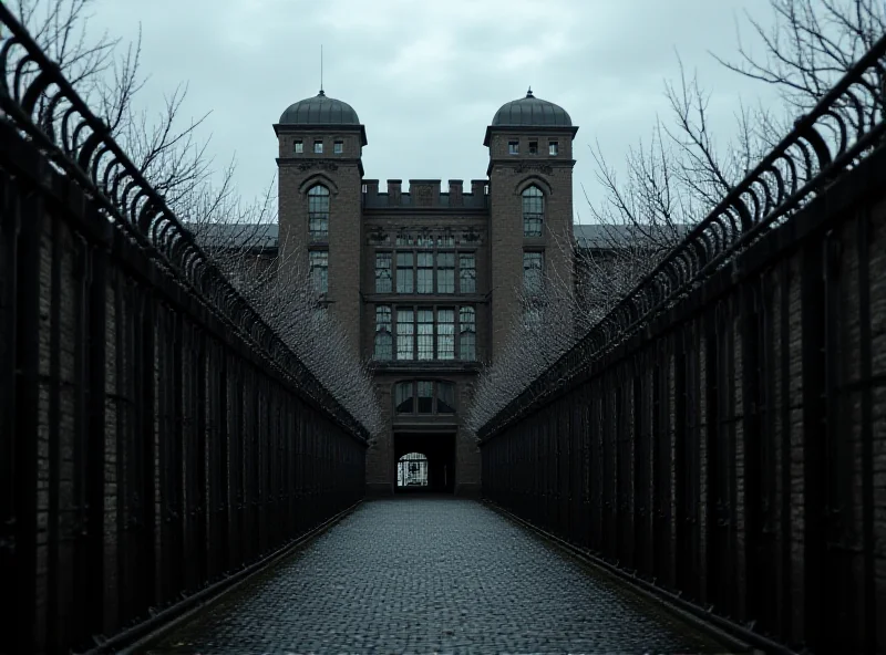 Exterior shot of Wormwood Scrubs prison in London on a cloudy day.