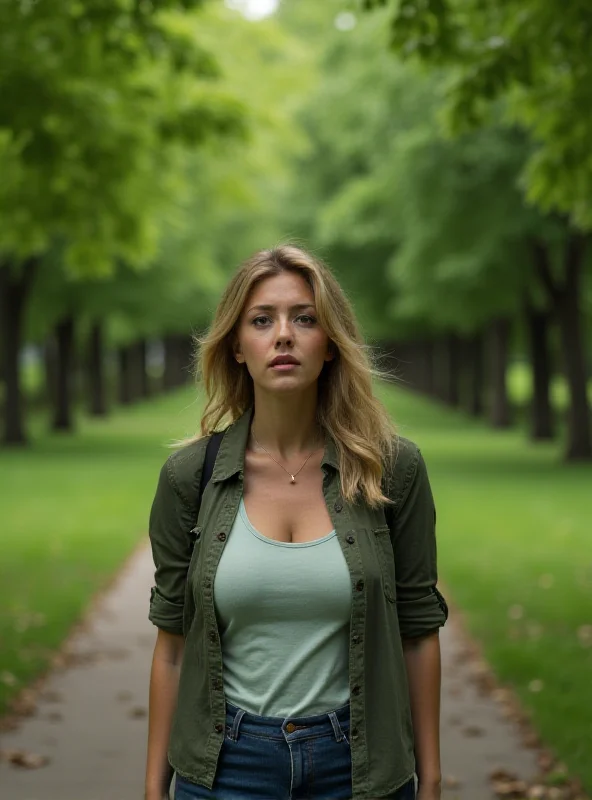 Generic image of a woman looking concerned and lost in a park during the daytime.