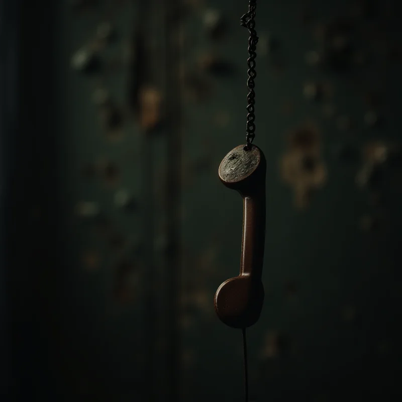 Close up image of a broken telephone receiver hanging off the hook.