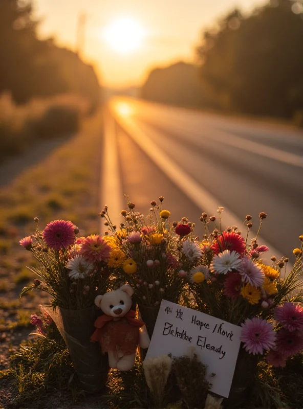 A somber image of a roadside memorial with flowers and candles.