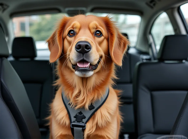 A happy dog safely secured in a car seat with a harness, looking out the window.