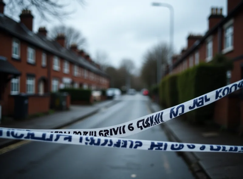 A somber street scene in a North London neighborhood on an overcast day. Police tape cordons off an area in the background.