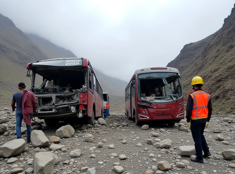 Wreckage of two buses at the scene of a crash in a mountainous region of Bolivia. Emergency responders are present, and the scene is chaotic.