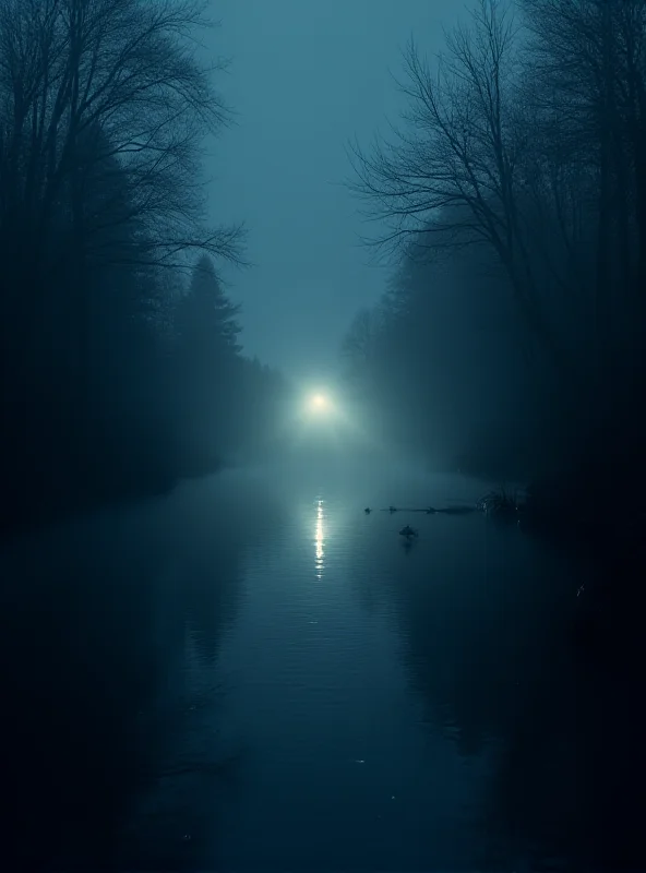 A dark and misty river scene at night, symbolizing the discovery of the body during the search.