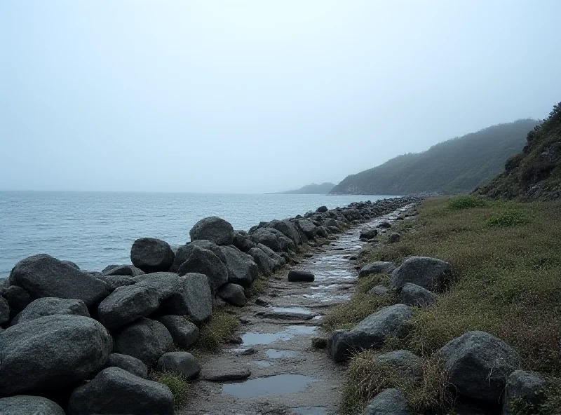 A somber scene of a coastal path with sea defense boulders along the shoreline. The sky is overcast, and the sea is calm.