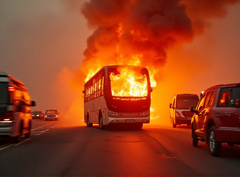 A tourist bus engulfed in flames on a highway. Emergency vehicles are on the scene, and smoke fills the air.