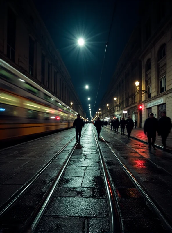 A nighttime scene of tram tracks in a European city, with blurred lights from passing trams and pedestrians.