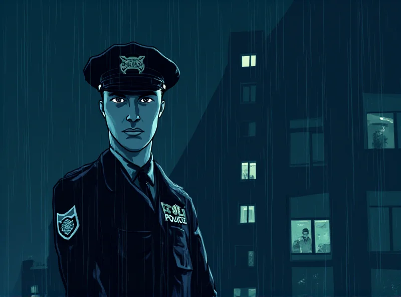 An illustration depicting a concerned police officer standing outside an apartment building at night, with subtle lighting and a somber atmosphere.