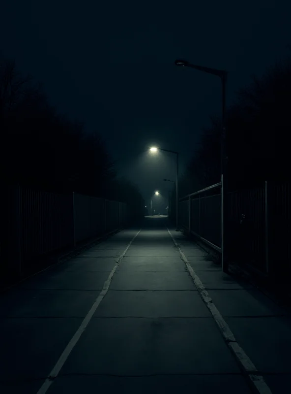 A digital painting of a quiet, dimly lit street at night. A metal fence is partially visible in the background. The overall tone is somber and reflective.