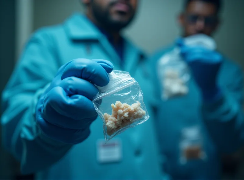 Close-up photograph of a detective's hand holding evidence bag with medical gloves in the background at a crime scene, emphasizing the investigative process and search for clues.