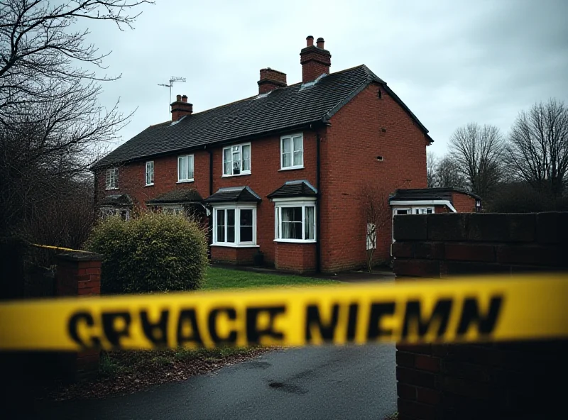 A somber scene depicting a house in a residential area of Bristol, UK, with police tape visible in the foreground.