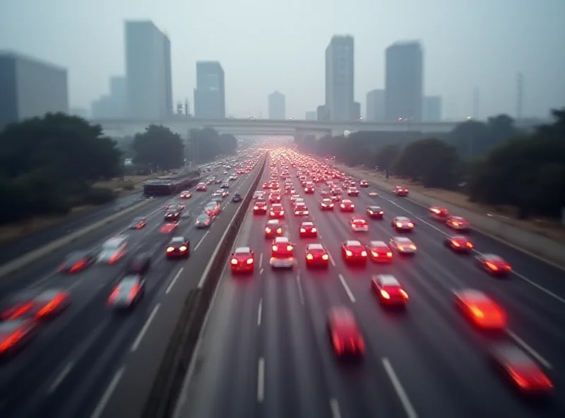 A blurred image of a freeway in Oakland, California, with police cars and flashing lights visible in the distance.