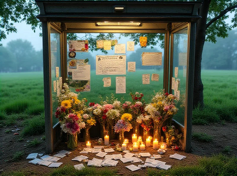 A memorial with flowers and candles at a bus stop in a rural area, symbolizing mourning and remembrance.