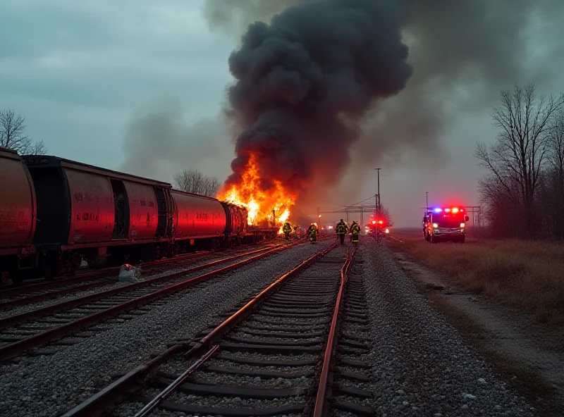 A derailed train with burning tankers, surrounded by firefighters and emergency vehicles, thick black smoke billowing into the sky.