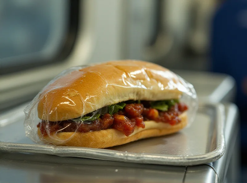 A sad looking plastic-wrapped sandwich on a train tray table.