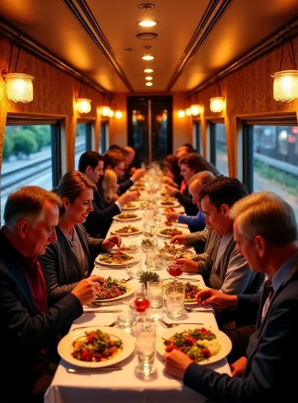 A brightly lit train dining car with multiple passengers enjoying a meal.