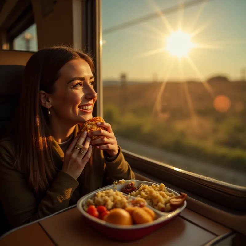 A person happily eating a packed lunch on a train, looking out the window.