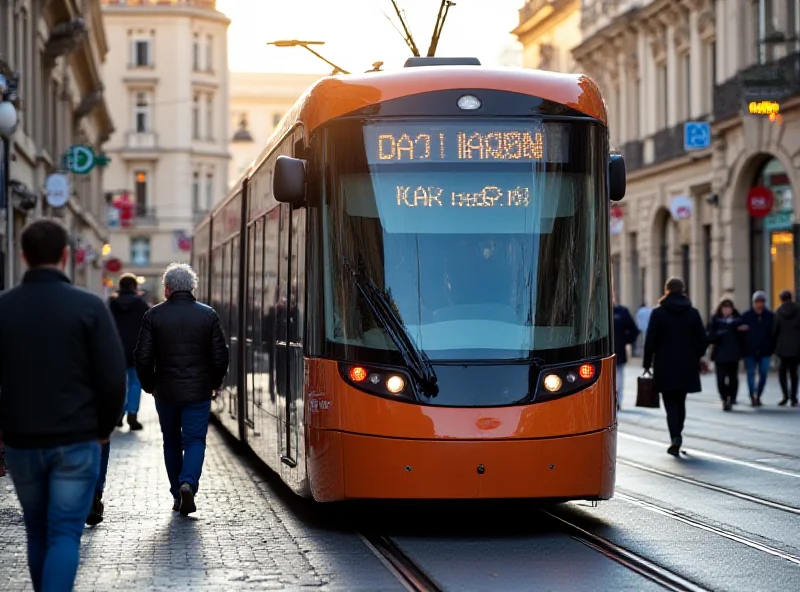 A modern tram in Prague with people boarding and alighting, showcasing the daily commute.