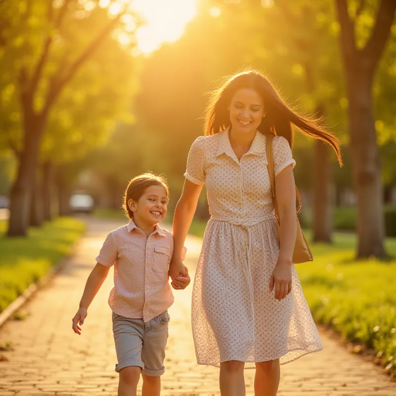 A mother and child walking together on a sunny day, symbolizing the bond between parent and child.