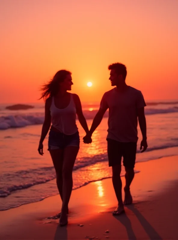 A couple holding hands walking along a beach at sunset, symbolizing a strong and supportive relationship.