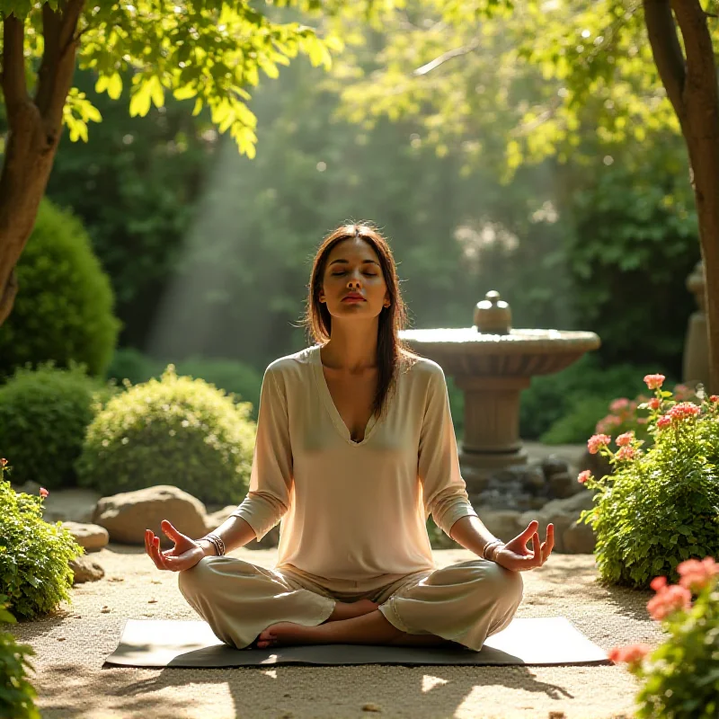 A person meditating in a peaceful garden, representing inner peace and tranquility.