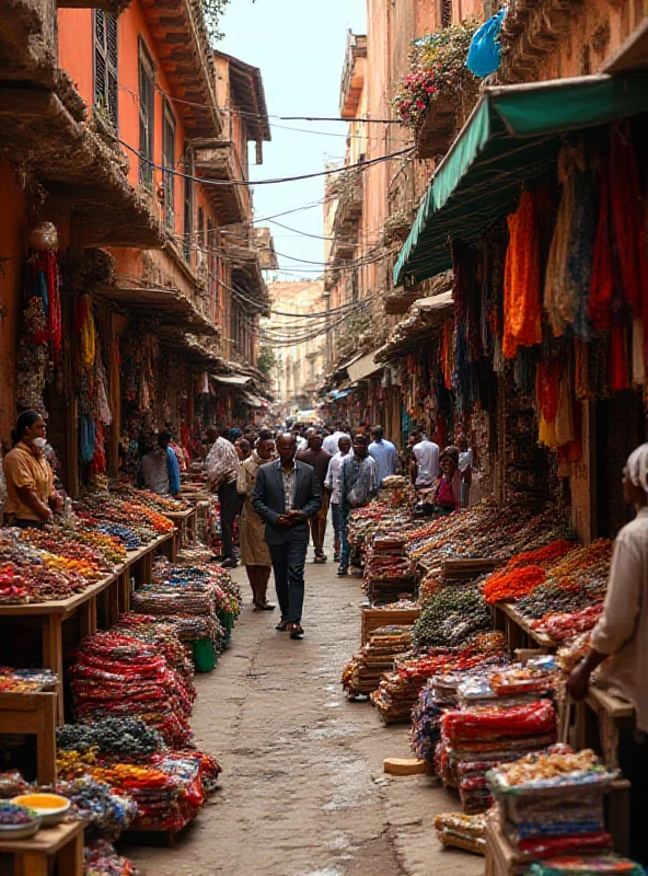 A vibrant marketplace in Zanzibar City, with colorful fabrics and traditional architecture.