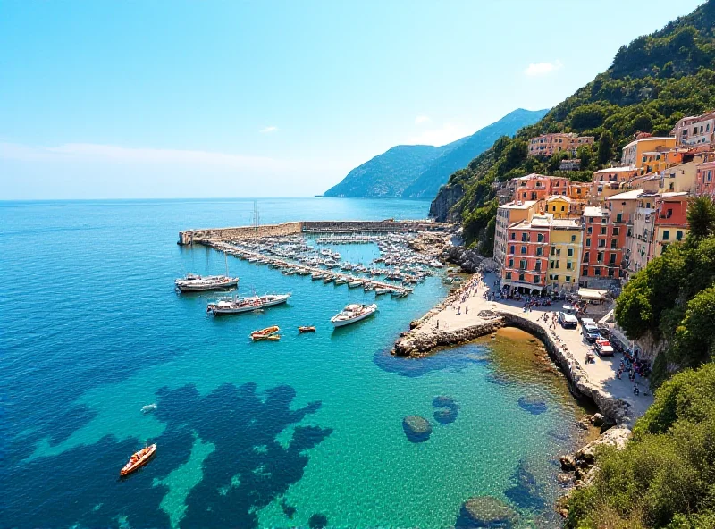 Panoramic view of the Amalfi Coast, featuring colorful houses and boats in the harbor.